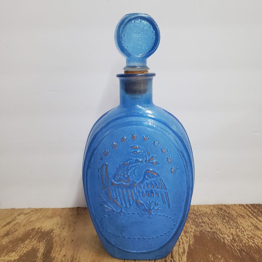 1970 Ezra Brooks Never Surrender Blue Glass Whiskey Bourbon Decanter Bottle
